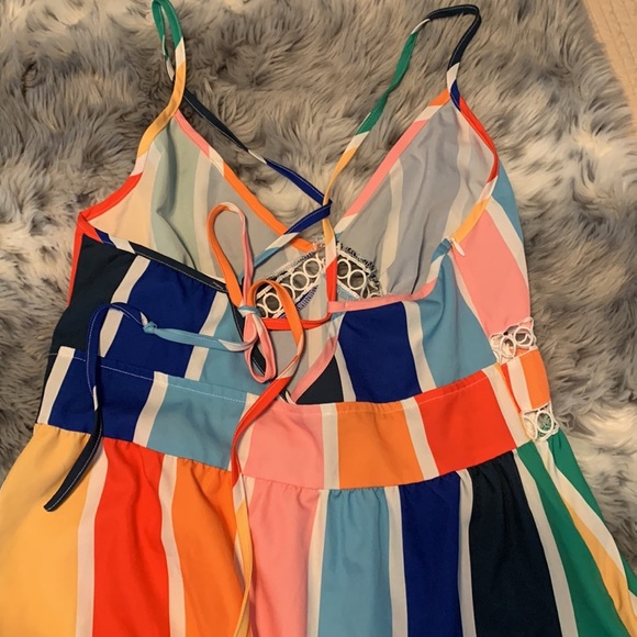 SHEIN Slayr Colorful Stripe Printed Ruffle Hem Backless Cami Dress Summer size 6 - Picture 3 of 9